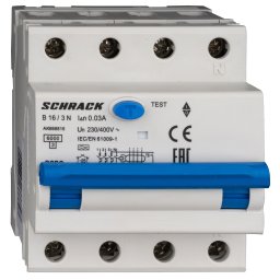 Intrerupator, automat, diferential, Schrack, AMPARO, Tip A, Tetrapolar, 3P+N, Curba B, 16A, 30mA, 6kA