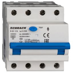 Intrerupator, automat, diferential, Schrack, AMPARO, Tip A, Tetrapolar, 3P+N, Curba B, 20A, 30mA, 6kA
