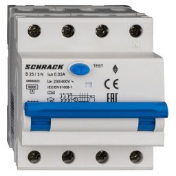 Intrerupator, automat, diferential, Schrack, AMPARO, Tip A, Tetrapolar, 3P+N, Curba B, 25A, 30mA, 6kA