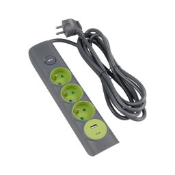 Retlux - Prelungitor cu întrerupător, 3 prize Tip E + 1x USB-A + 1x USB-C, 1,4 m, gri