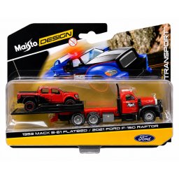 Set Maisto Elite Transport Mack B-61 Flatbed si Ford F-150 Raptor 1:64