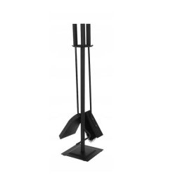 Set accesorii pentru semineu cu suport si 3 piese, otel negru, 54 cm