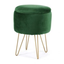 Taburet rotund Lilli cu spatiu de depozitare, catifea verde, 35x35x45 cm