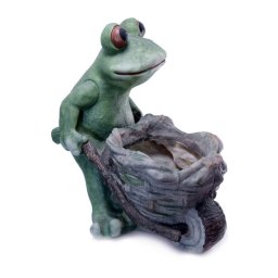 Decoratiune de gradina din ceramica cu broasca si roaba, 31.5x20x34 cm