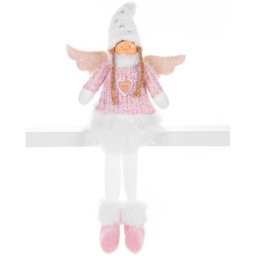 Decoratiune de iarna inger roz cu aripi si fustita alba, 23x12x59 cm