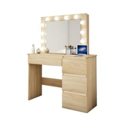 Masa de toaleta pentru machiaj Irina, stejar, cu oglinda si LED, 94x43x141 cm