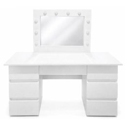 Masa de toaleta alba cu oglinda si LED, 7 sertare, Vanessa 130x43x143 cm