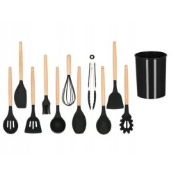 Set ustensile bucatarie din silicon si bambus, negru, 12 piese, Springos