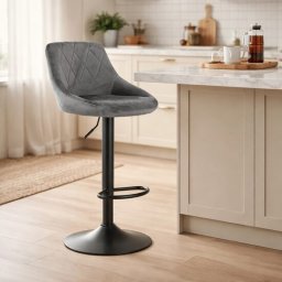 Scaun de bar Artool Kast, rotativ, catifea gri, picior metalic negru