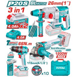 Kit combo TOTAL 20V brushless cu bormasina, polizor si rotopercutor