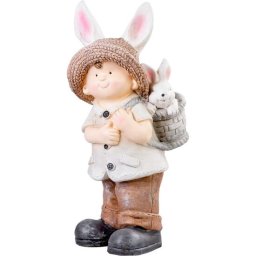Decoratiune de gradina din ceramica MagicHome, baiat cu iepuras, 48 cm