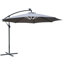 Umbrela de gradina tip banana cu LED solar, manivela si copertina gri, 295 cm