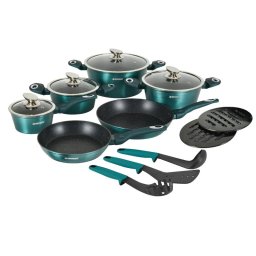 Set oale si tigai Herzberg HG-METBL15, 15 piese, Aluminiu 3003, Acoperire marmura, Capace din sticla, Inductie, Verde albastru