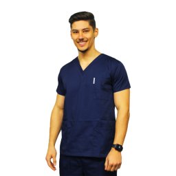 Halat medical barbati bleumarin cu anchior in forma V si trei buzunare aplicate