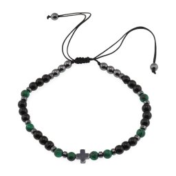 Bratara reglabila Hematit, Onix si Malachit sfere cu cruciulita, 4mm