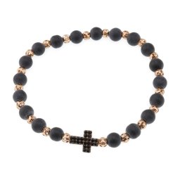Bratara pe elastic Onix negru mat sfere 6mm cu elemente aurii si cruce