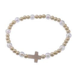 Bratara pe elastic cu margele galbene si cruce din Sidef, 4-6mm