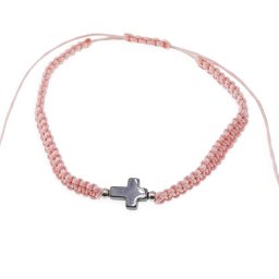 Bratara impletita reglabila si cruce din Hematit, snur roz - 10mm
