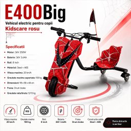 Tricicleta electrica drift 360 kidscare e400big pentru copii, motor 250w, viteza 20 km/h, baterie 36v 3.6ah, lumini led, rosu, kit de protectie inclus
