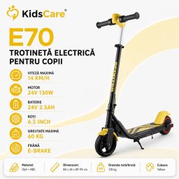 Trotineta electrica copii kidscare e70, motor 130w, baterie 24v 2.5ah, viteza 14 km/h, lumini, galben