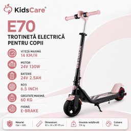 Trotineta electrica copii kidscare e70, motor 130w, baterie 24v 2.5ah, viteza 14 km/h, lumini, roz