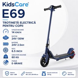 Trotineta electrica copii kidscare e69, motor 130w, baterie 24v 2.5ah, viteza 14 km/h, lumini, negru