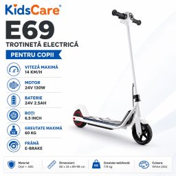 Trotineta electrica copii kidscare e69, motor 130w, baterie 24v 2.5ah, viteza 14 km/h, lumini, alb