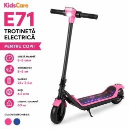 Trotineta electrica copii kidscare e71, motor 110w, baterie 24v 2.5ah, viteza 12-15 km/h, bluetooth, lumini, roz