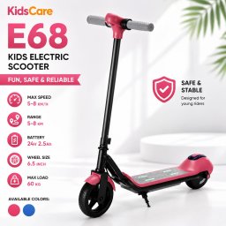 Trotineta electrica copii kidscare e68, motor 110w, baterie 24v 2.5ah, viteza 5-8 km/h, bluetooth, lumini, roz