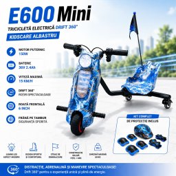 Tricicleta electrica drift 360 kidscare e600 mini pentru copii, motor 150w, viteza maxima 15 km/h, baterie 36v 2.4ah, lumini led, roti drift, albastru, kit de protectie inclus