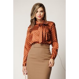 Bluza eleganta maro cu buline cu guler tip esarfa din satin