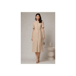 Rochie DY Fashion bej de zi de vara cu maneci scurte si nasturi la bust