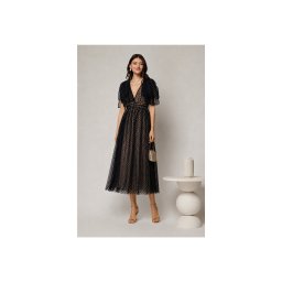 Rochie DY Fashion midi neagra din tull cu buline si funde ample pe umeri