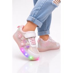 Pantofi sport cu luminite si sclipici, Model Premium Style, Piele ecologica, Fete, Roz