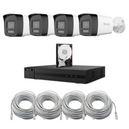 Kit supraveghere 4 camere IP Hikvision Hilook,4MP, iluminare duala 30m, 2.8mm, microfon, difuzor, slot microSD, PoE, NVR 4 canale, 6MP, Patchcord cablu UTP CAT5 , Hard disk 500GB