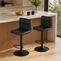 Set 2 scaune de bucatarie/bar, Artool, Prot, rotativ, piele ecologica neagra, picior metal negru, 41x44.5x87.5-108 cm