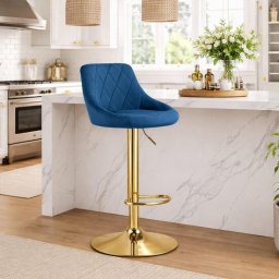 Scaun de bar rotativ Kast, catifea bleumarin, picior metalic auriu