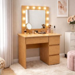 Masa de toaleta Irina stejar cu oglinda si LED, 4 sertare, 94x43x141 cm