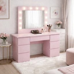 Masa de toaleta Vanessa roz cu oglinda LED si 7 sertare, 130x43x143 cm