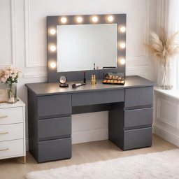 Masa de toaleta Vanessa antracit cu oglinda LED si 7 sertare, 130x43x143 cm