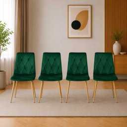 Set 4 scaune Libra pentru bucatarie si living, catifea verde, metal natur