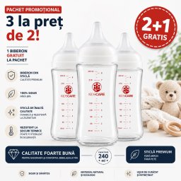 Set 3 biberoane din sticla borosilicata 240 ml KidsCare cu tetina din silicon