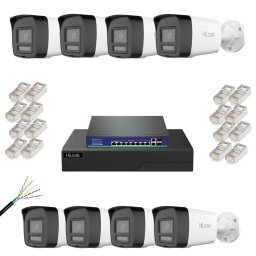 Kit supraveghere IP Hikvision Hilook, 8x Camera 4MP, iluminare duala 30m, 2.8mm, microfon, difuzor, slot microSD, PoE, IP67, NVR 8 canale 4K 8MP, Switch PoE AI Watchdog, Cablu CAT6 FTP, 16 Mufe RJ45 CAT6