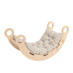 Balansoar montessori din lemn dream rocker meowbaby , marime mica, cu perna bej, multifunctional leagan + tunel + scara placaj lacuit