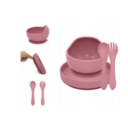 Set de hranire, petite&mars, cu farfurie, bol si tacamuri, din silicon fara bfa, roz