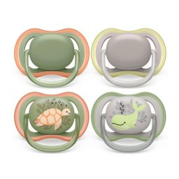 Suzeta Philips Avent ultra air - pachet 4, fara BPA, suzeta respirabila pentru bebelusi 6-18 luni, inclusiv cutie de transport si sterilizare, broasca testoasa/balena (model SCF085/66)