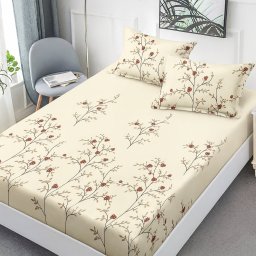 Husa de pat finet 160x200 cm cu elastic si 2 fete de perna, Flori crem