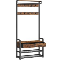 Cuier de hol cu pantofar, 2 sertare si 10 carlige, stil industrial maro rustic