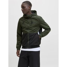 Jack & Jones Jacheta bomber cu gluga, JJERUSH HOOD, Verde inchis/Negru (SELECTATI MARIMEA: S)