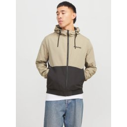 Jack & Jones Jacheta bomber cu gluga, JJERUSH HOOD, Bej/Negru (SELECTATI MARIMEA: M)